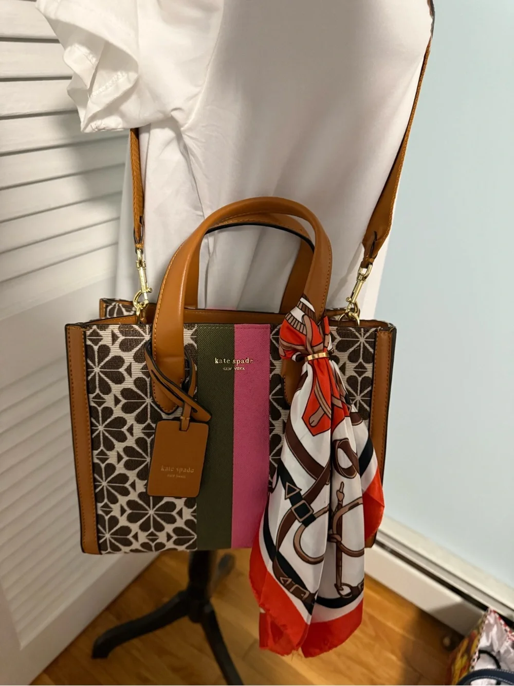 kate spade Brown Floral Canvas Tote with Pink & Olive Center Stripe and Tan Trim